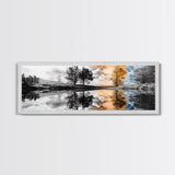 Surreal Reflection, Tree Silhouettes, Split Sky, Framed Canvas Print, trippy landscape art, black and white dreamy wall decor