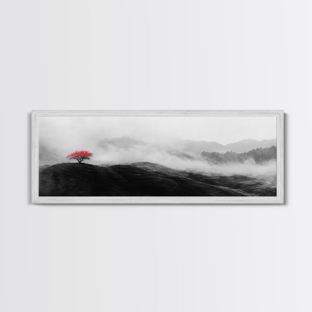 Lone Red Tree, Misty Hills, Minimalist Landscape, Framed Canvas Print, serene bedroom wall art, abstract black and white decor