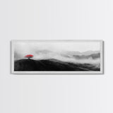 Lone Red Tree, Misty Hills, Minimalist Landscape, Framed Canvas Print, serene bedroom wall art, abstract black and white decor