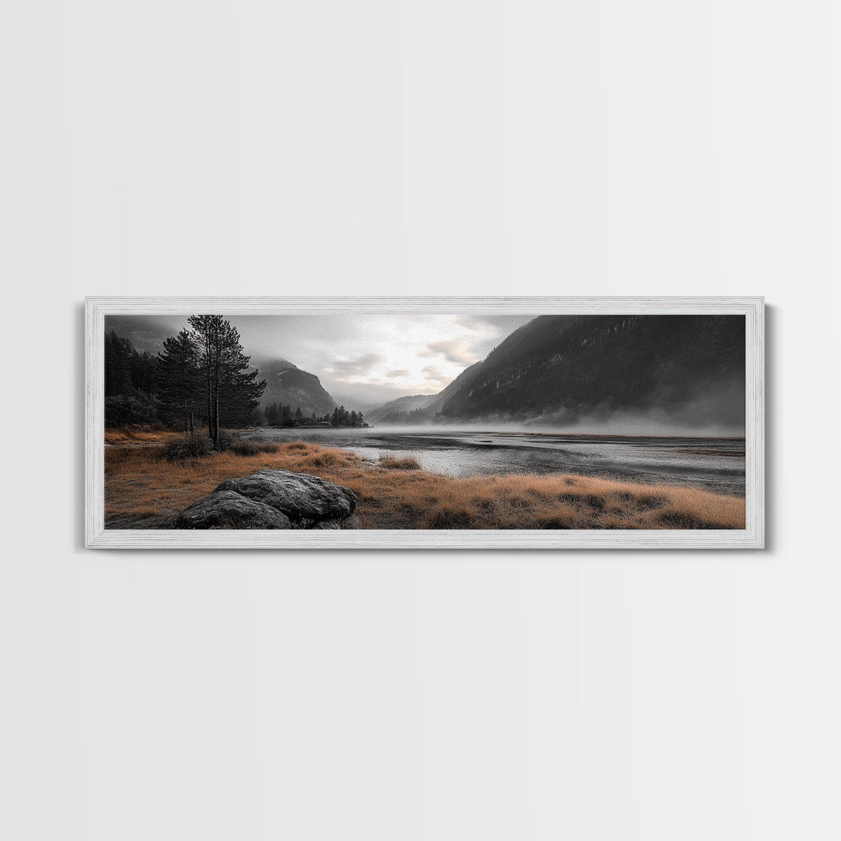 Misty Lake, Mountain Valley, Autumn Morning, Canvas Print, peaceful wilderness scene, rustic cabin decor, cozy nature artwork