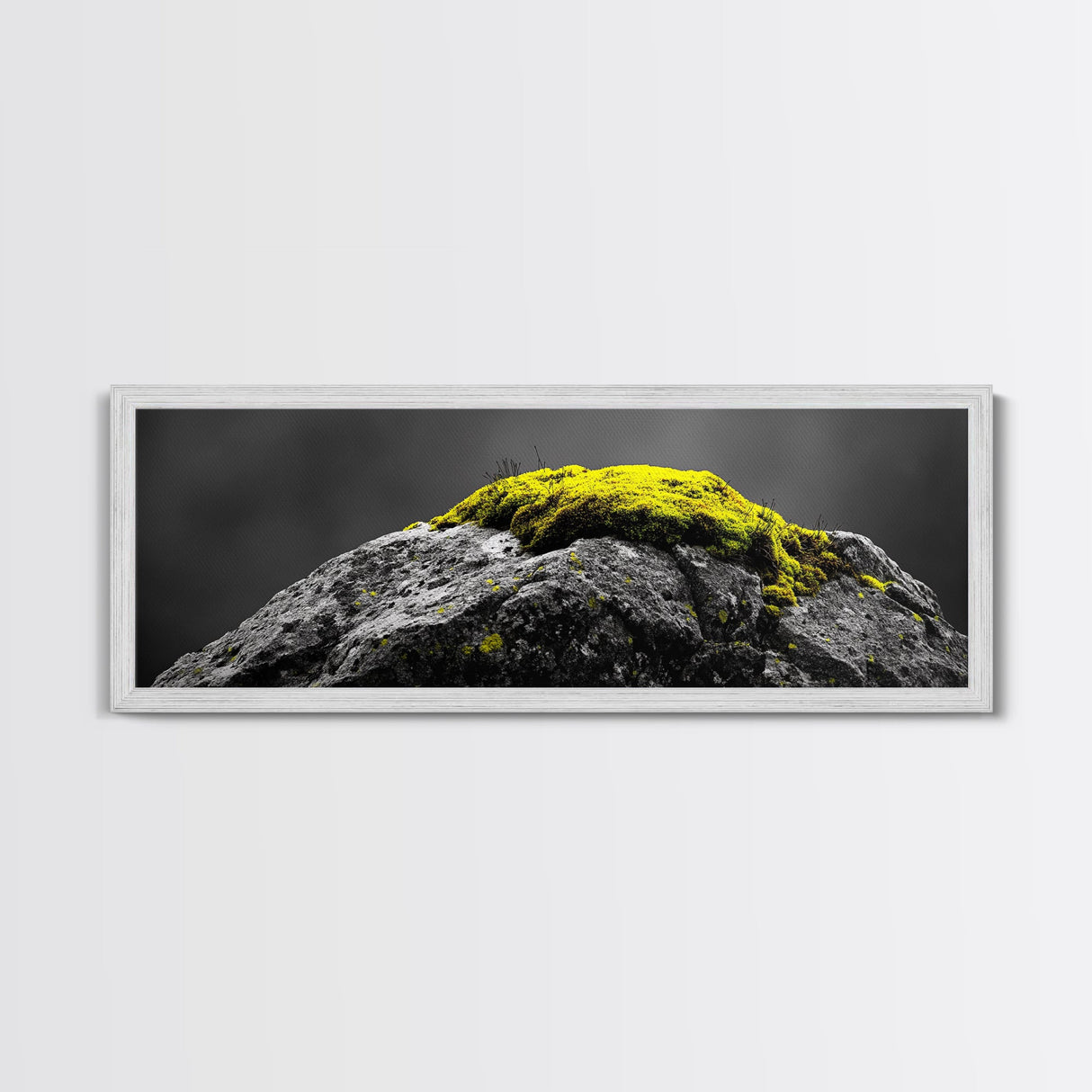Yellow Moss, Stone Detail, Minimal Nature, Framed Canvas Print, modern zen wall art, earthy bathroom decor, botanical accent