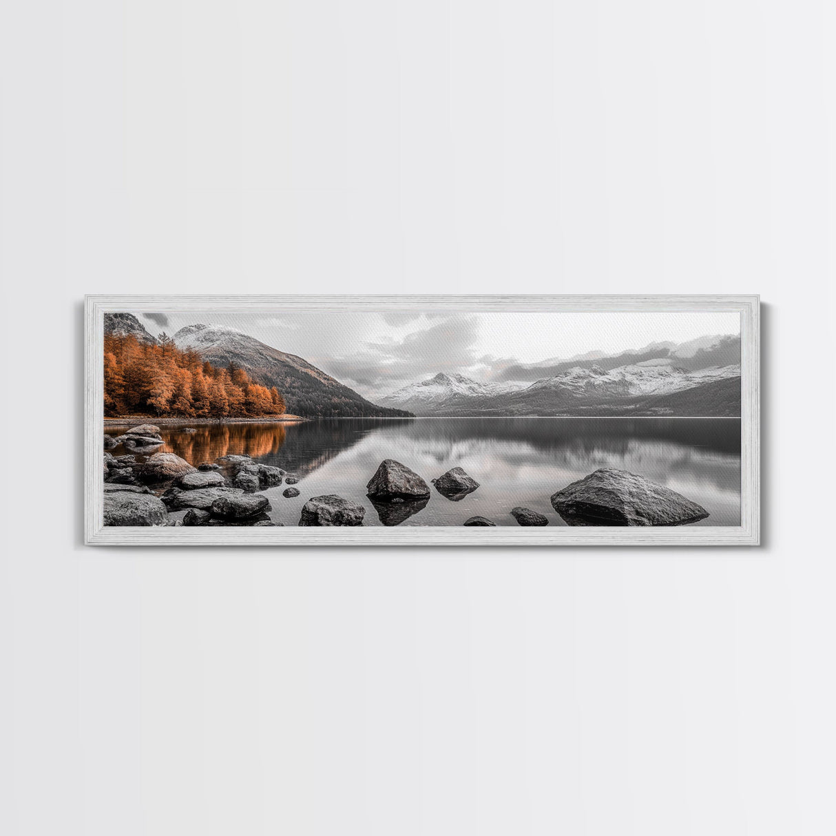 Autumn Lake Reflection, Serene Mountains, Warm Tones, Framed Canvas Print, Fall Home Decor, Rustic Landscape, Cabin Wall Art