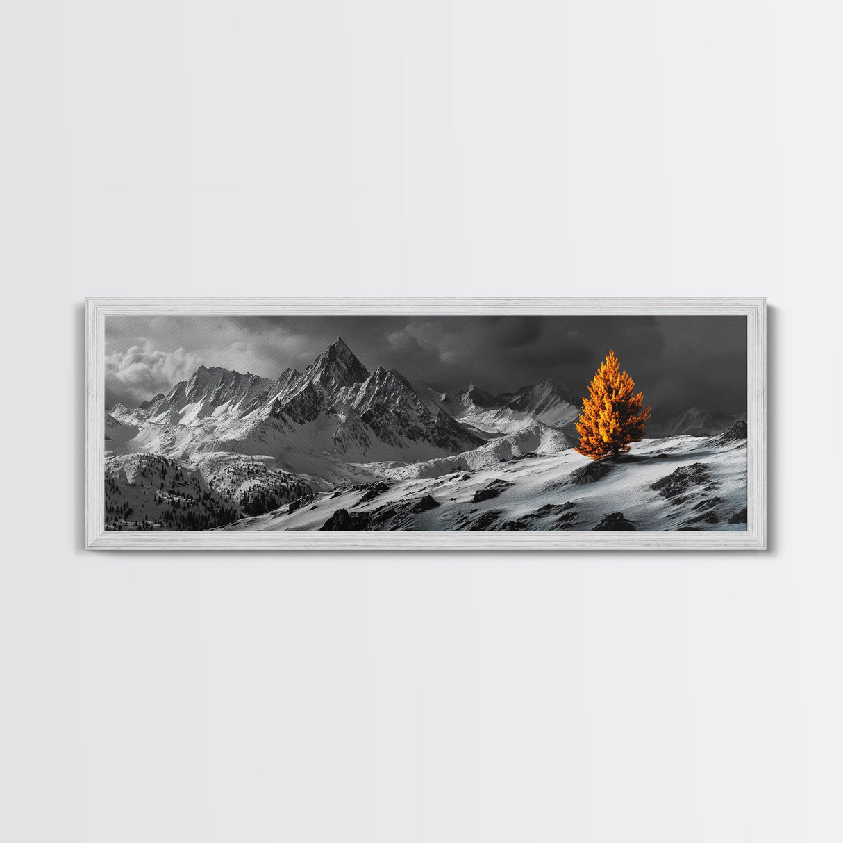 Lone Golden Tree, Snowy Mountains, Dramatic Sky, Canvas Print, Winter Wall Art, Moody Landscape, Minimalist Home Decor