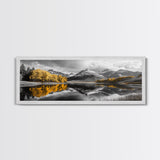 Yellow Autumn Forest, Lake Reflection, Black White Mountains, Canvas Print, Rustic Wall Art, Living Room Nature Scene