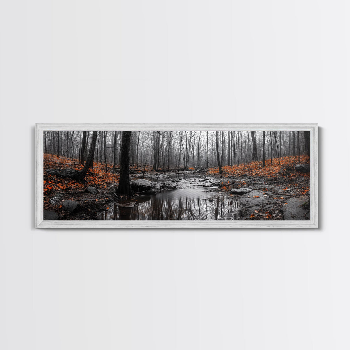 Autumn Forest Stream, Bare Trees, Orange Leaves, Framed Canvas Print, Fall Wall Art, Cozy Nature Scene, Entryway Decor