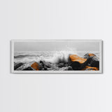 Orange Splash Rocks, Coastal Waves, Sea Spray Art, Canvas Print, Modern Beach Decor, Nature Wall Art, Bold Ocean Landscape