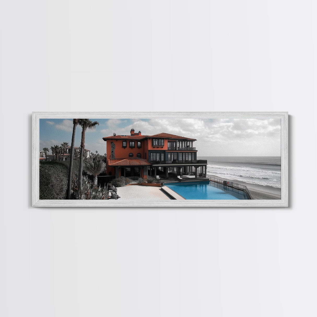Coastal Villa, Ocean View, Infinity Pool, Sunset Escape, Framed Canvas Print, Beach House Decor, Mediterranean Art, Living Room Wall Art