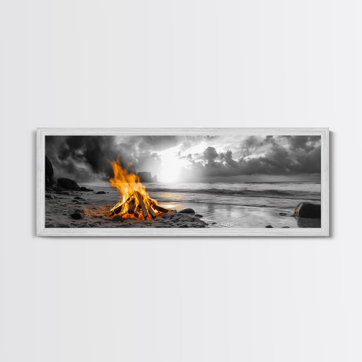 Beach Bonfire Glow, Autumn Coastal Scene, Campfire Photography, Canvas Print, Rustic Living Room or Cabin Wall Art, Fall Decor