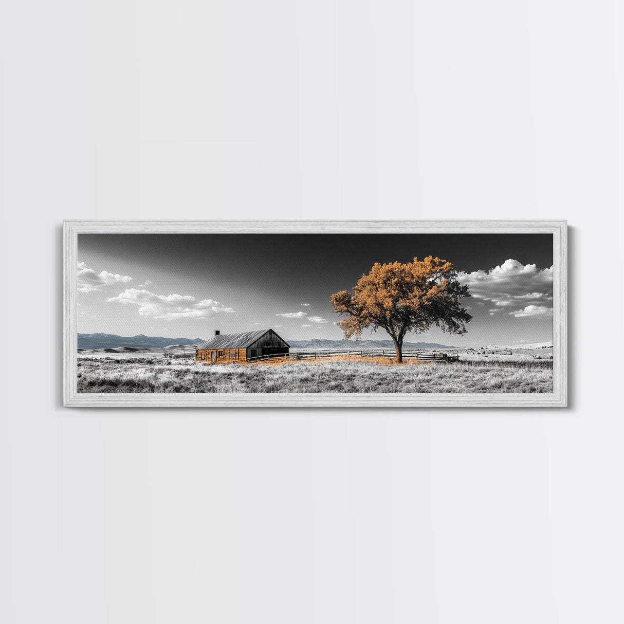 Prairie Cabin, Golden Tree, Rural Landscape, Open Sky, Framed Canvas Print, Country Decor, Farmhouse Wall Art, Rustic Bedroom Style