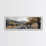 Autumn Orchard, Tree Tunnel, Mountain Path, Golden Fields, Framed Canvas Print, Fall Landscape Art, Rustic Farmhouse Decor, Dining Room Wall Art