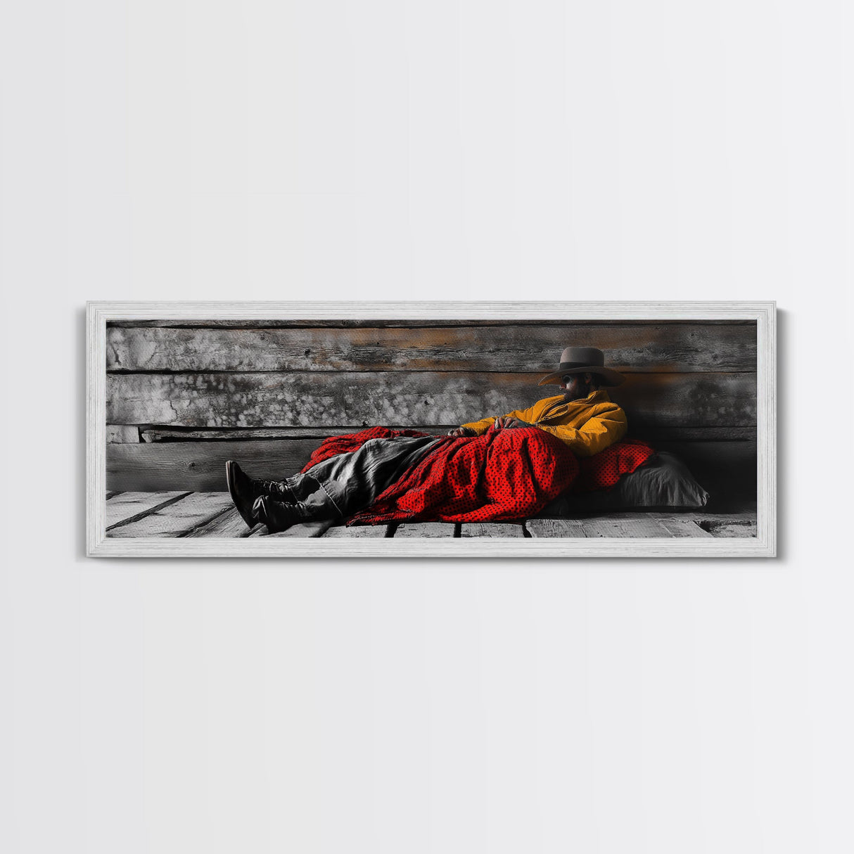 Cowboy Resting, Rustic Cabin Scene, Western Americana, Framed Canvas Print, Fall Wall Art, Bedroom or Study Western Style Decor