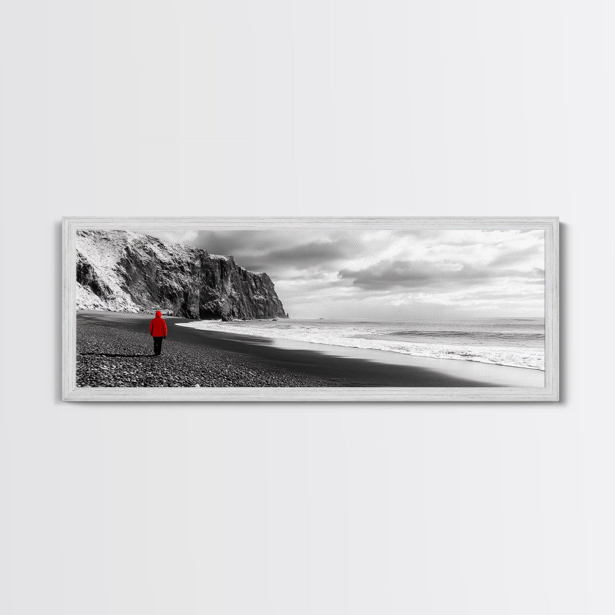 Red Jacket Wanderer, Moody Coastal Cliff Scene, Monochrome Photography, Framed Canvas Print, Modern Minimalist Office Wall Art