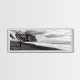 Red Jacket Wanderer, Moody Coastal Cliff Scene, Monochrome Photography, Framed Canvas Print, Modern Minimalist Office Wall Art