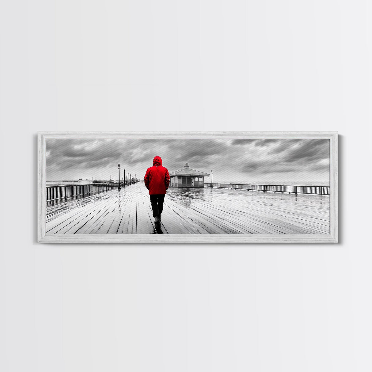 Red Jacket Walk, Rainy Boardwalk Scene, Urban Solitude, Moody Landscape Photography, Canvas Print, Entryway Wall Art, Minimalist Decor