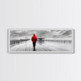 Red Jacket Walk, Rainy Boardwalk Scene, Urban Solitude, Moody Landscape Photography, Canvas Print, Entryway Wall Art, Minimalist Decor