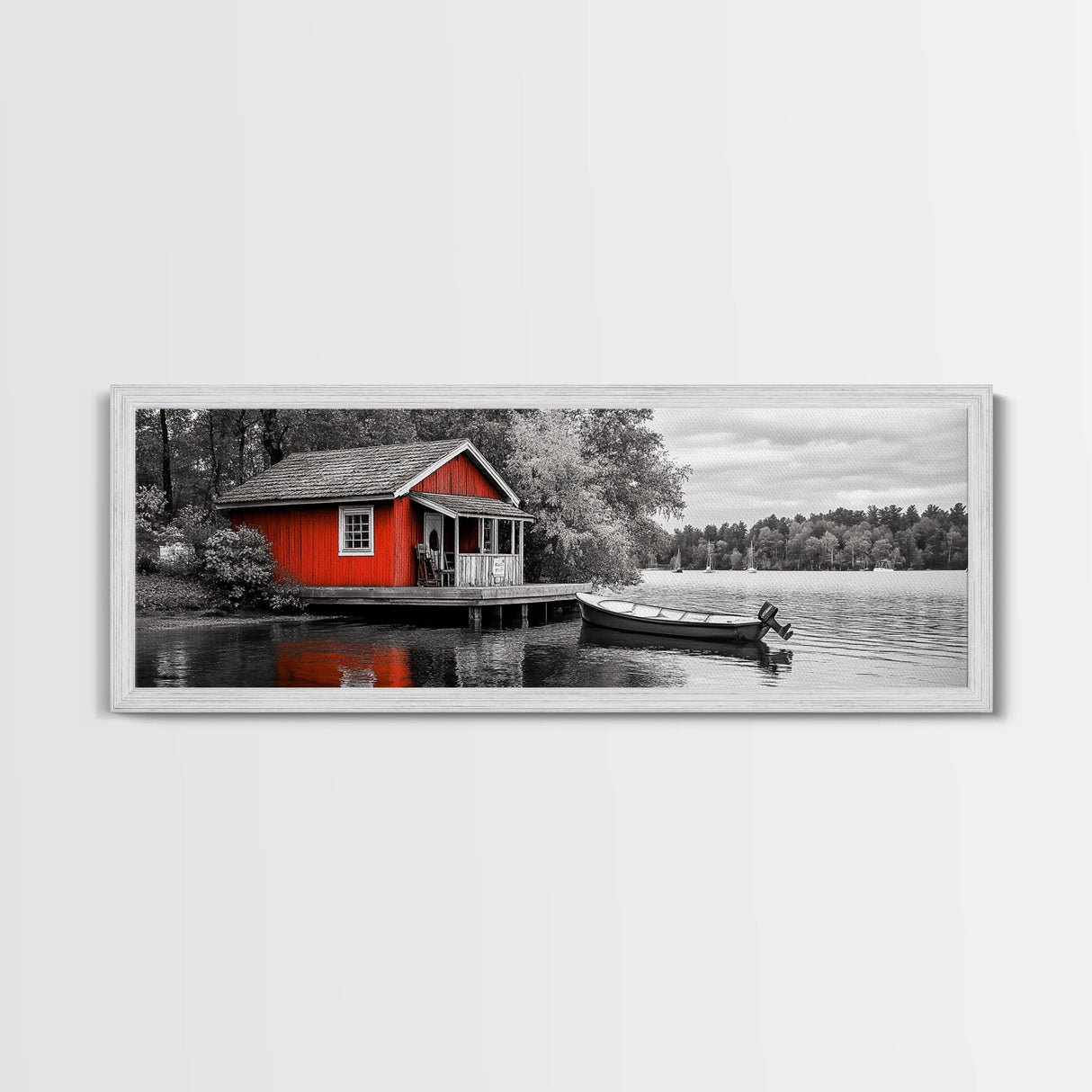 Lakeside Cabin Red, Boat House Retreat, Serene Waterfront, Autumn Color Pop, Canvas Print, Cozy Living Room Wall Art, Nature Home Decor