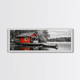 Lakeside Cabin Red, Boat House Retreat, Serene Waterfront, Autumn Color Pop, Canvas Print, Cozy Living Room Wall Art, Nature Home Decor