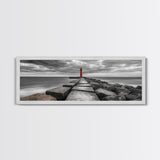 Red Lighthouse Coast, Seaside Rock Jetty, Stormy Sky Mood, Nautical Beacon View, Canvas Print, Bathroom Wall Art, Coastal Modern Decor