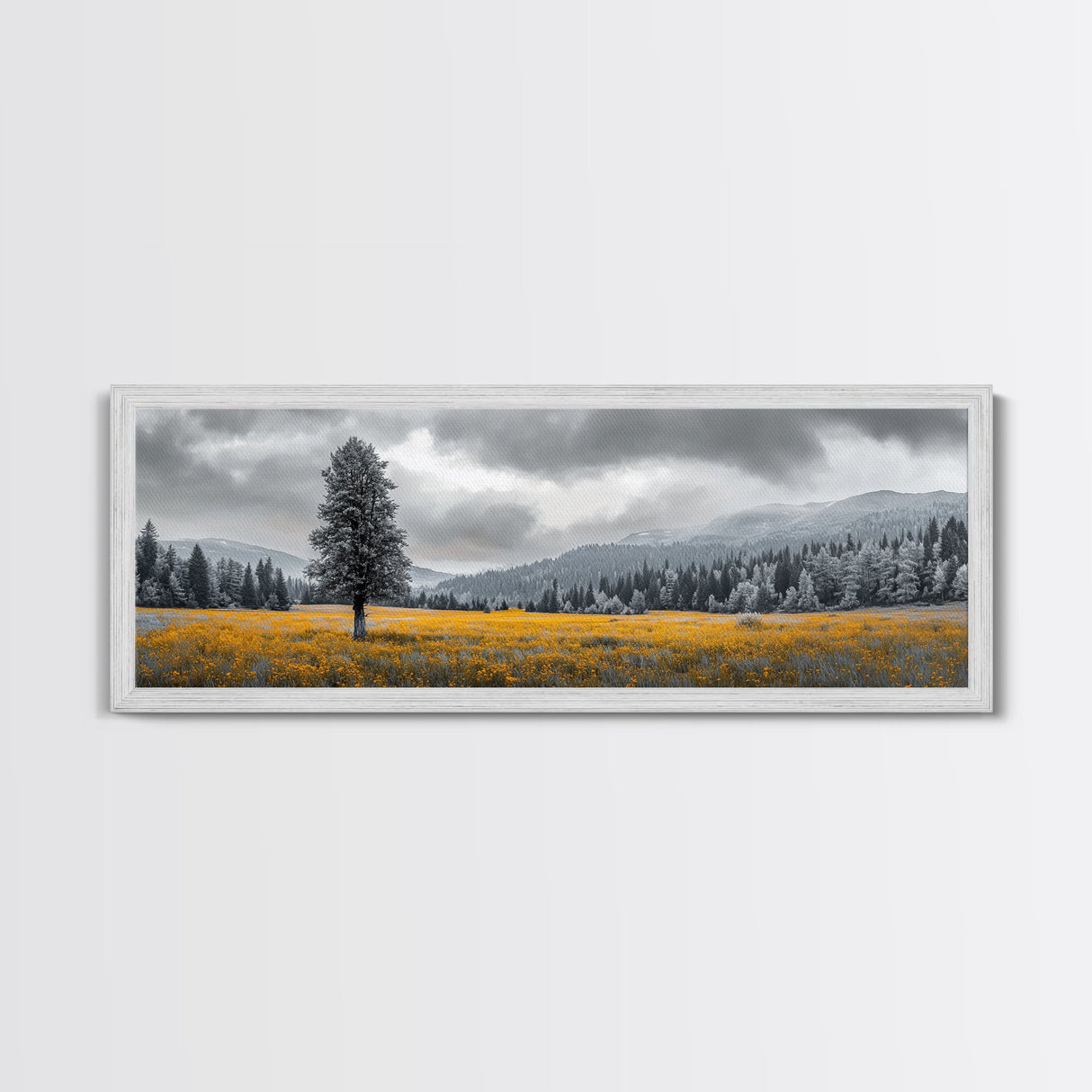 Lone Tree, Yellow Meadow, Autumn Landscape, Moody Forest, Framed Canvas Print, Nature Photography, Cabin Wall Art, Fall Home Decor