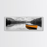 Golden Canoe, Lake Reflection, Tranquil Water, Adventure Scene, Canvas Print, Minimalist Wall Art, Bedroom Landscape, Cabin Decor