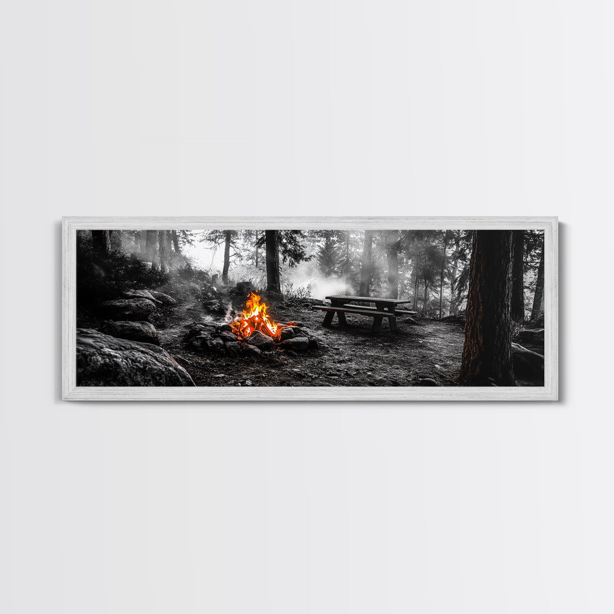 Forest Firepit, Picnic Spot, Smoky Trees, Nature Flame, Canvas Print, Fall Wall Art, Camping Cabin Decor, Rustic Outdoor Style