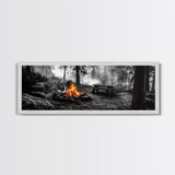 Forest Firepit, Picnic Spot, Smoky Trees, Nature Flame, Canvas Print, Fall Wall Art, Camping Cabin Decor, Rustic Outdoor Style