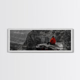 Grand Canyon, Meditation Art, Red Jacket, Adventure Scene, Framed Canvas Print, Hiking Wall Art, Man Cave Decor, Minimalist Landscape