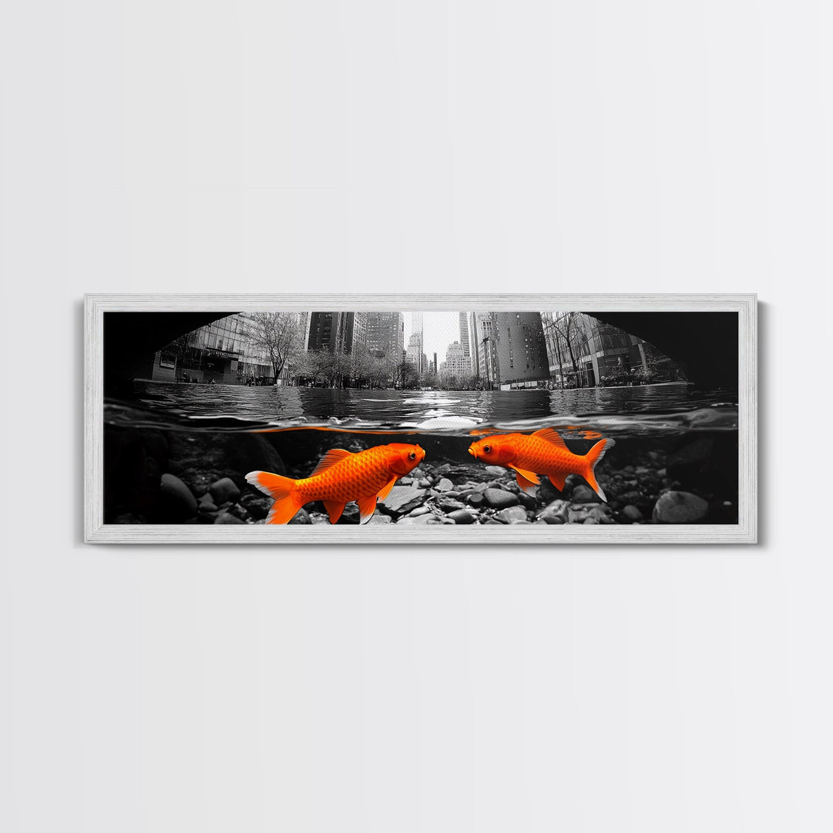 City Meets Nature, Urban Fish, Goldfish Art, Surreal Street Scene, Framed Canvas Print, Quirky Kitchen Wall Art, Modern Whimsical Decor