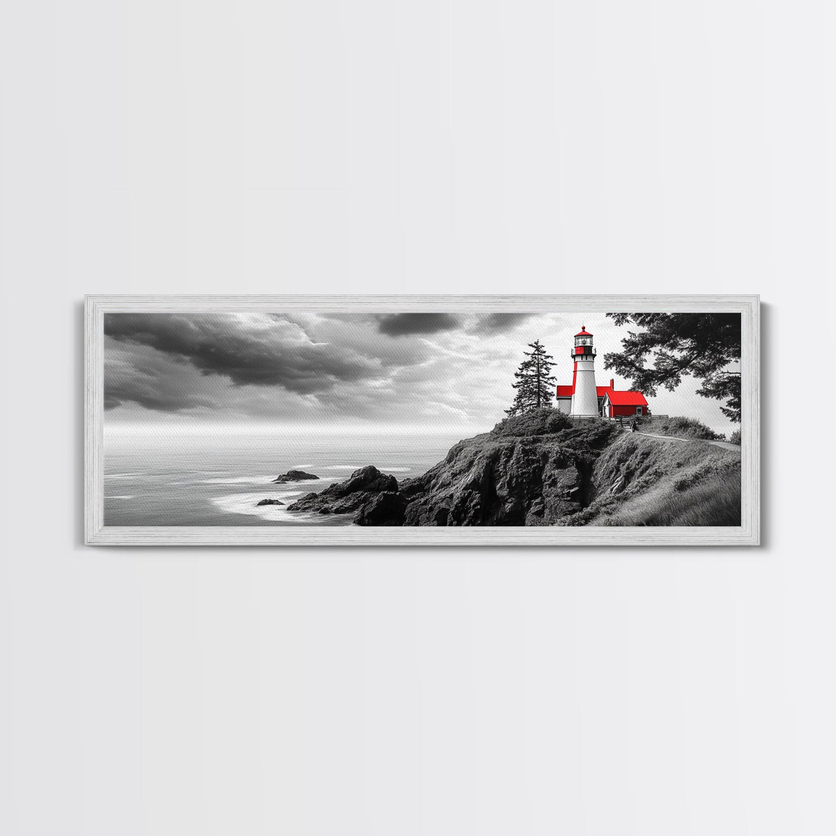 Coastal Lighthouse, Ocean Cliffs, Red Roof, Nautical Beacon, Framed Canvas Print, Bathroom Wall Art, Minimalist Coastal Decor, Seaside Vibe
