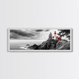 Coastal Lighthouse, Ocean Cliffs, Red Roof, Nautical Beacon, Framed Canvas Print, Bathroom Wall Art, Minimalist Coastal Decor, Seaside Vibe