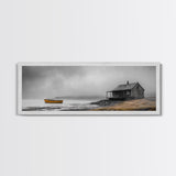 Foggy Lake, Yellow Boat, Rustic Cabin, Coastal Calm, Framed Canvas Print, Autumn Wall Art, Bedroom Decor, Minimalist Nature Photography