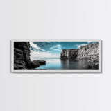 Serene Cove, Cliff Reflections, Blue Water, Coastal Escape, Framed Canvas Print, Tranquil Ocean Art, Bathroom or Spa Wall Decor