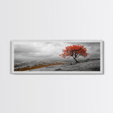 Red Tree, Hilltop Vista, Fall Landscape, Vibrant Nature, Framed Canvas Print, Autumn Wall Art, Living Room Nature Photography