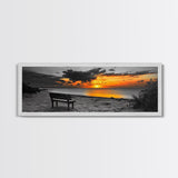 Sunset Beach Bench, Serene Coastal Scene, Solitude View, Framed Canvas Print, Minimalist Wall Art, Living Room, Relaxing Home Decor