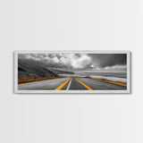 Coastal Highway Drive, Scenic Ocean Road, Stormy Sky Vibes, Framed Canvas Print, Modern Wall Art, Office Decor, Monochrome Landscape