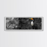 Black White Bird, Orange Beak Detail, Minimal Nature Portrait, Framed Canvas Print, Rustic Wall Art, Study or Cabin Decor