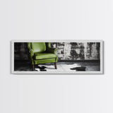 Green Leather Chair, Industrial Urban Scene, Chic Lounge Interior, Framed Canvas Print, Modern Wall Art, Man Cave Office Decor