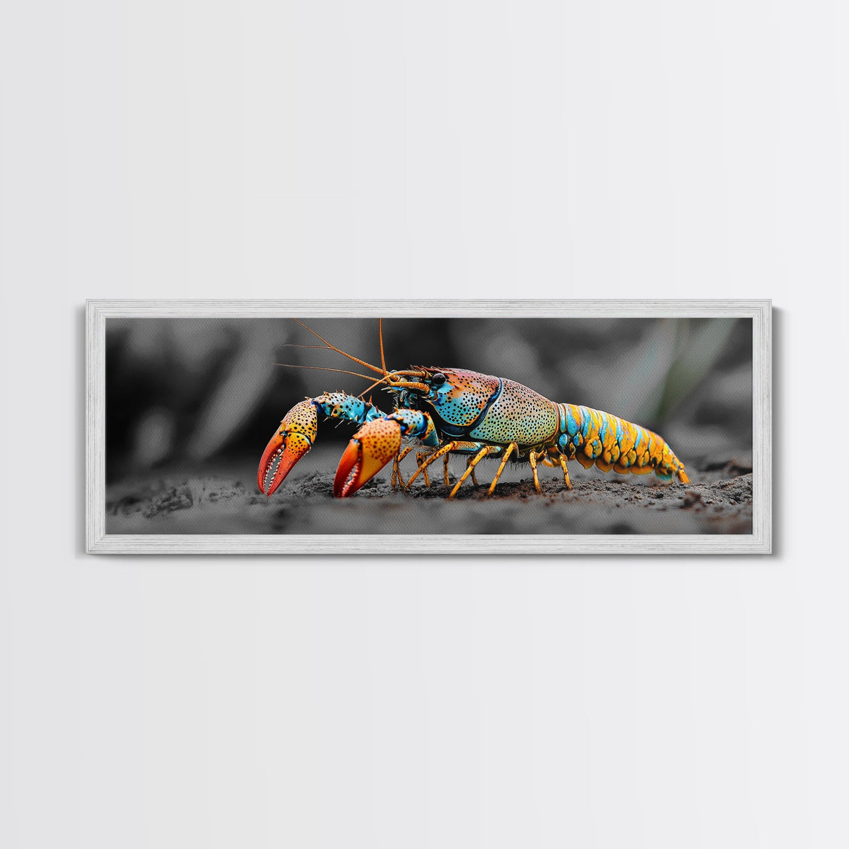 Rainbow Lobster Macro, Exotic Crustacean Art, Vivid Ocean Creature, Framed Canvas Print, Kitchen Wall Art, Coastal Nature Decor
