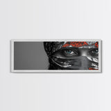 Eyes Closeup, Blue Eyes, Patterned Veil, Mysterious Portrait, Framed Canvas Print, Boho Bedroom Wall Art, Modern Glam Decor