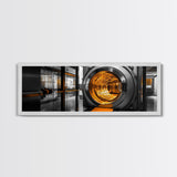Bank Vault, Futuristic Glow, Industrial Design, Gold Tones, Framed Canvas Print, Office Wall Art, Cyberpunk Decor, Grunge Decor