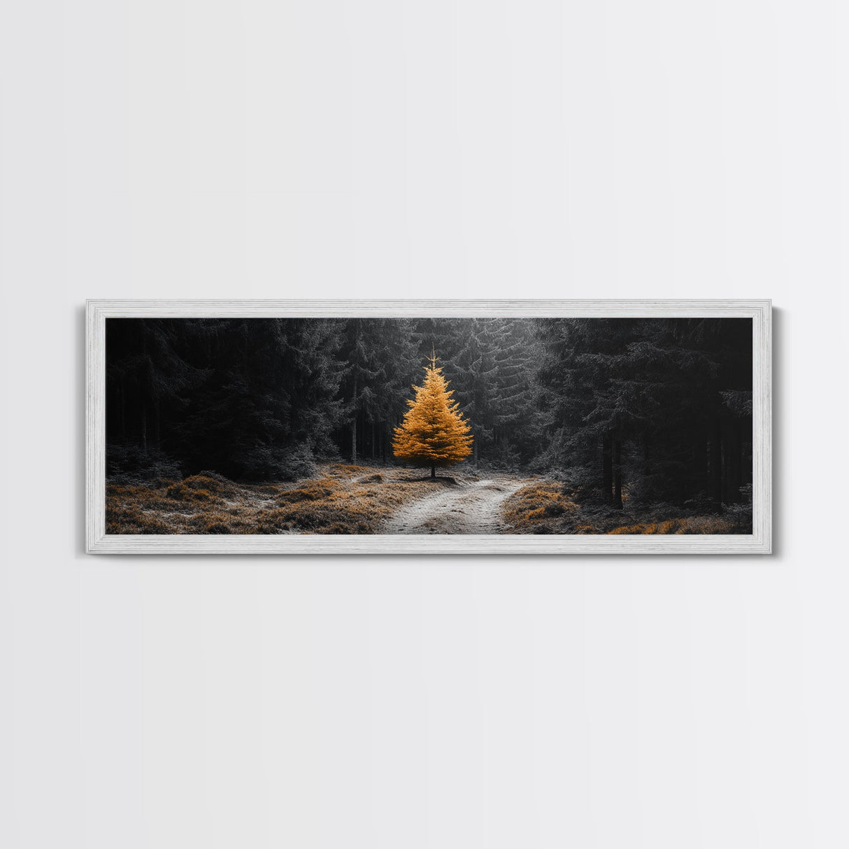 Lone Golden Tree, Forest Path Landscape, Moody Nature Wall Art, Framed Canvas Print, Minimalist Fall Decor, Entryway Accent Piece