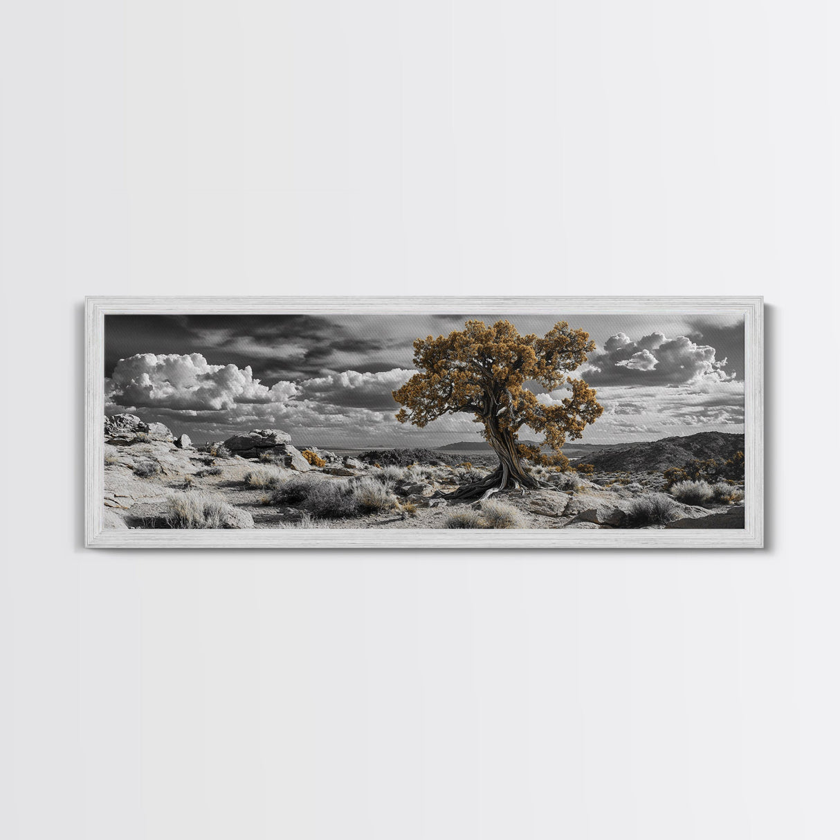 Twisted Desert Tree, Rocky Canyon Art, Dramatic Sky Nature Scene, Framed Canvas Print, Rustic Wall Decor, Moody Western Home Aesthetic