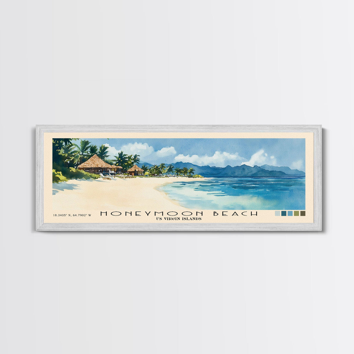 Honeymoon Beach, Fiji Watercolor Print, Vacation Gift, Fiji Wall Art, Beach Painting, Beach Decor, Large Wall Art, Wood Frame Art
