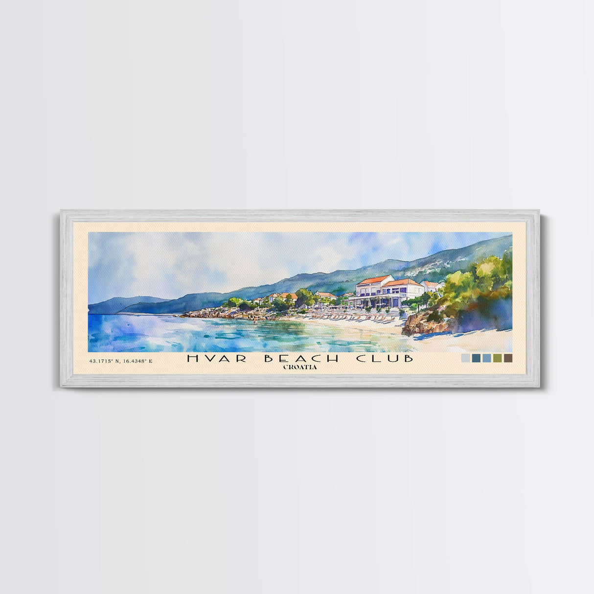 Hvar Beach Club, Croatia Watercolor Print, Vacation Gift, Croatia Wall Art, Beach Painting, Beach Decor, Large Wall Art, Wood Frame Art