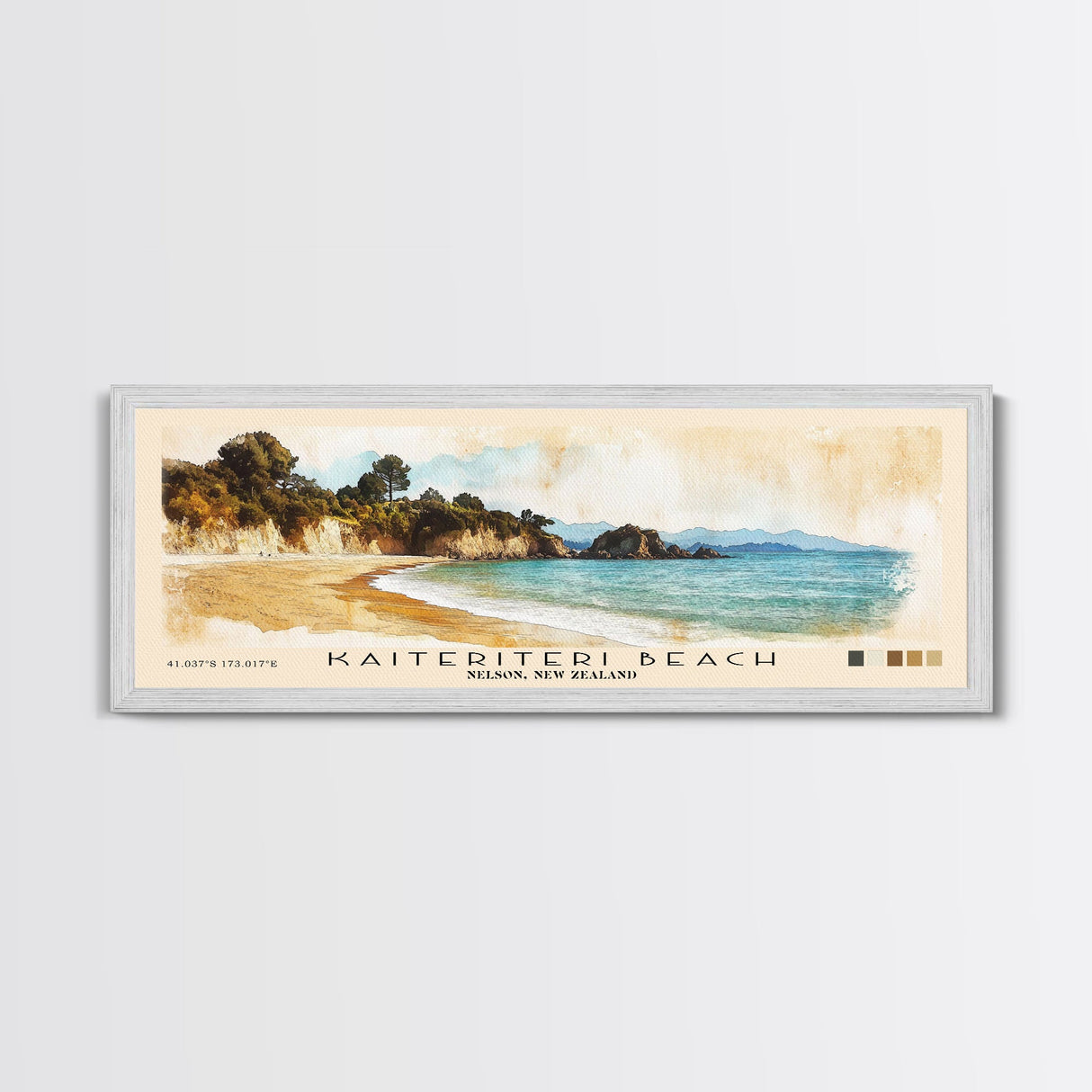 Kaiteriteri Beach, Nelson, New Zealand Watercolor Print, Vacation Gift, Nelson, New Zealand Wall Art, Beach Painting, Beach Decor, Large Wall Art, Wood Frame Art