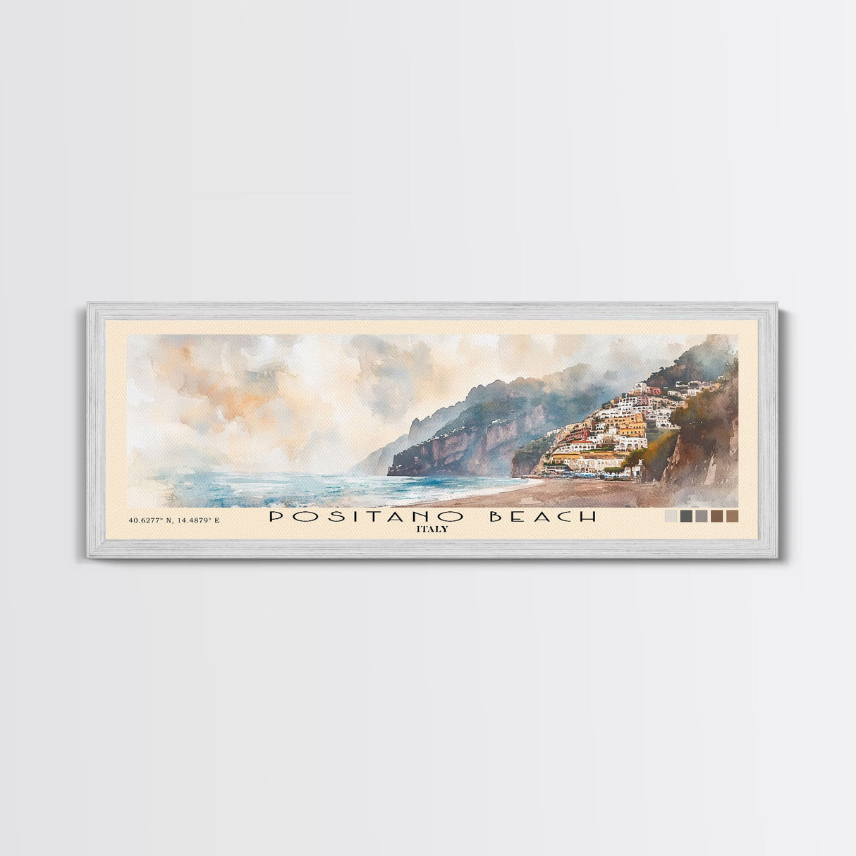 Positano Beach, Italy Watercolor Print, Vacation Gift, Italy Wall Art, Beach Painting, Beach Decor, Large Wall Art, Wood Frame Art