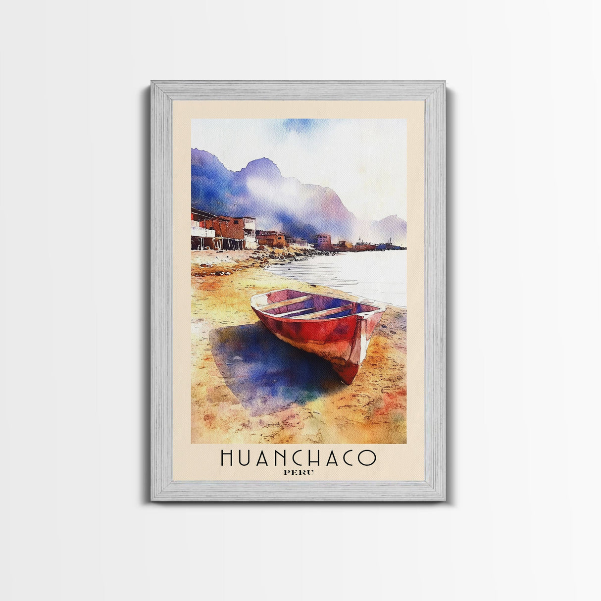 Huanchaco, Peru Watercolor Beach Print, Vacation Gift, Peru Wall Art, Framed Canvas Print, Framed Beach Painting