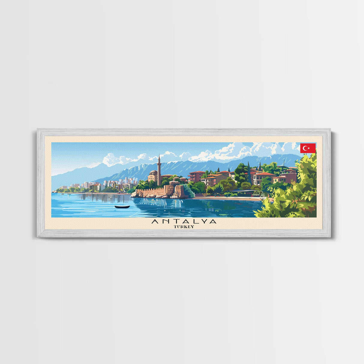 Antalya Turkey Panoramic Travel Poster, Framed Canvas Print or Metal Wall Art, Travel Art, Home Decor, Panoramic Painting, Midcentury Art