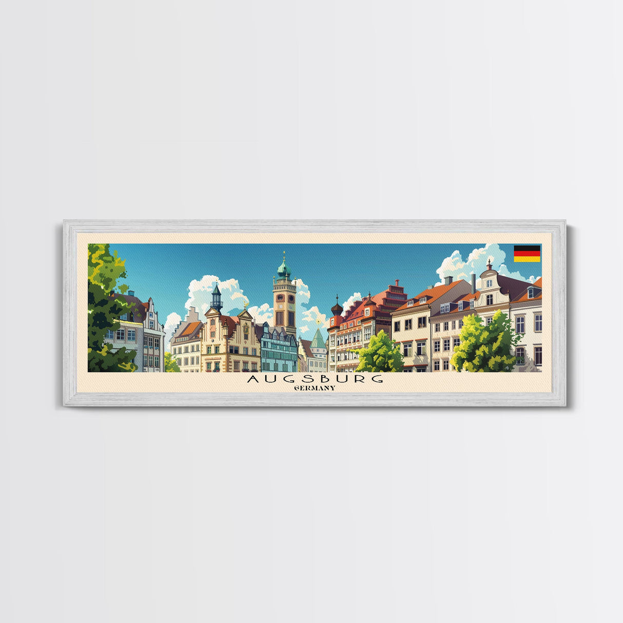Augsburg Germany Panoramic Travel Poster, Framed Canvas Print or Metal Wall Art, Travel Art, Home Decor, Panoramic Painting, Midcentury Art