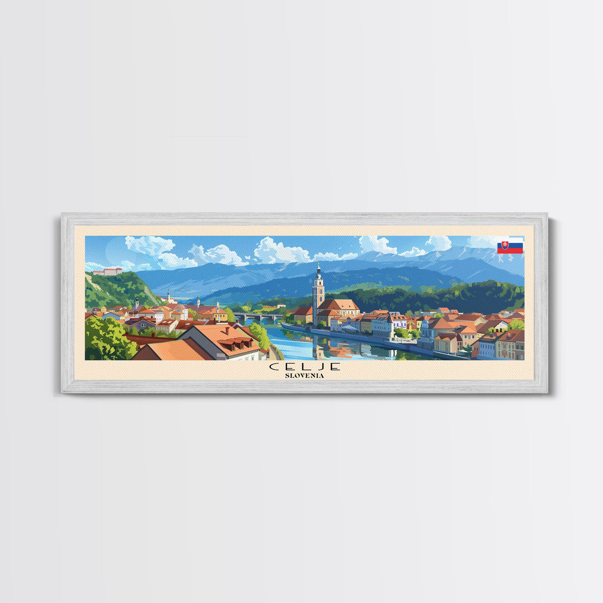 Celje Slovenia Panoramic Travel Poster, Framed Canvas Print or Metal Wall Art, Travel Art, Home Decor, Panoramic Painting, Midcentury Art